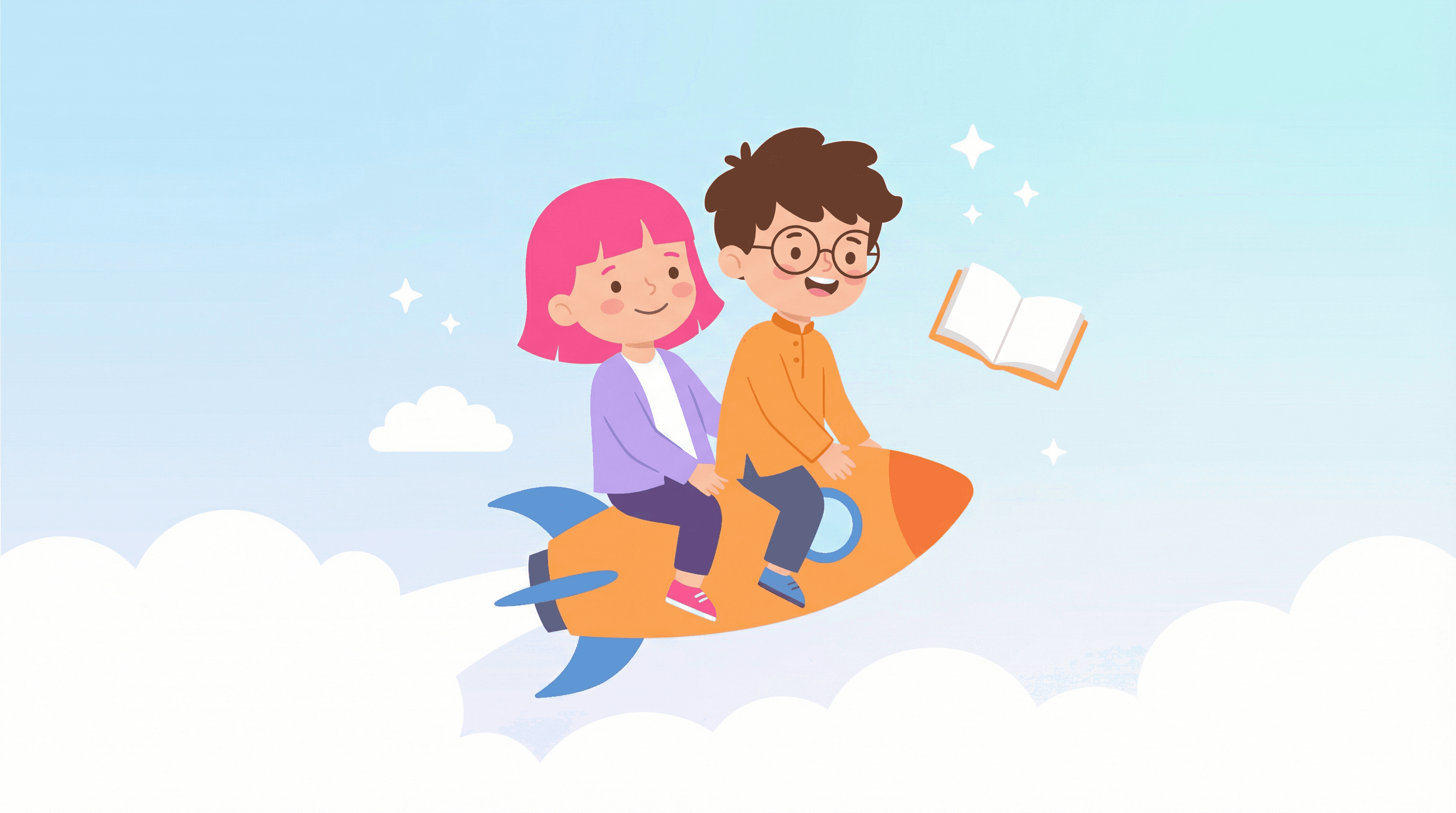 Pinky and Jojo flying on a rocket ship through a magical sky filled with books, letters and numbers